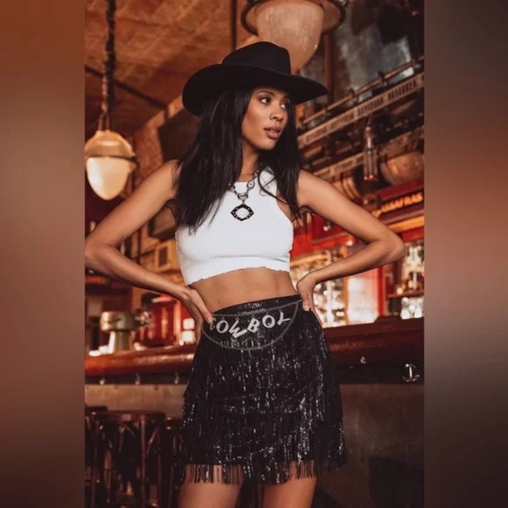 NWT 12th Tribe Festival Black Fringe Sequence Skirt